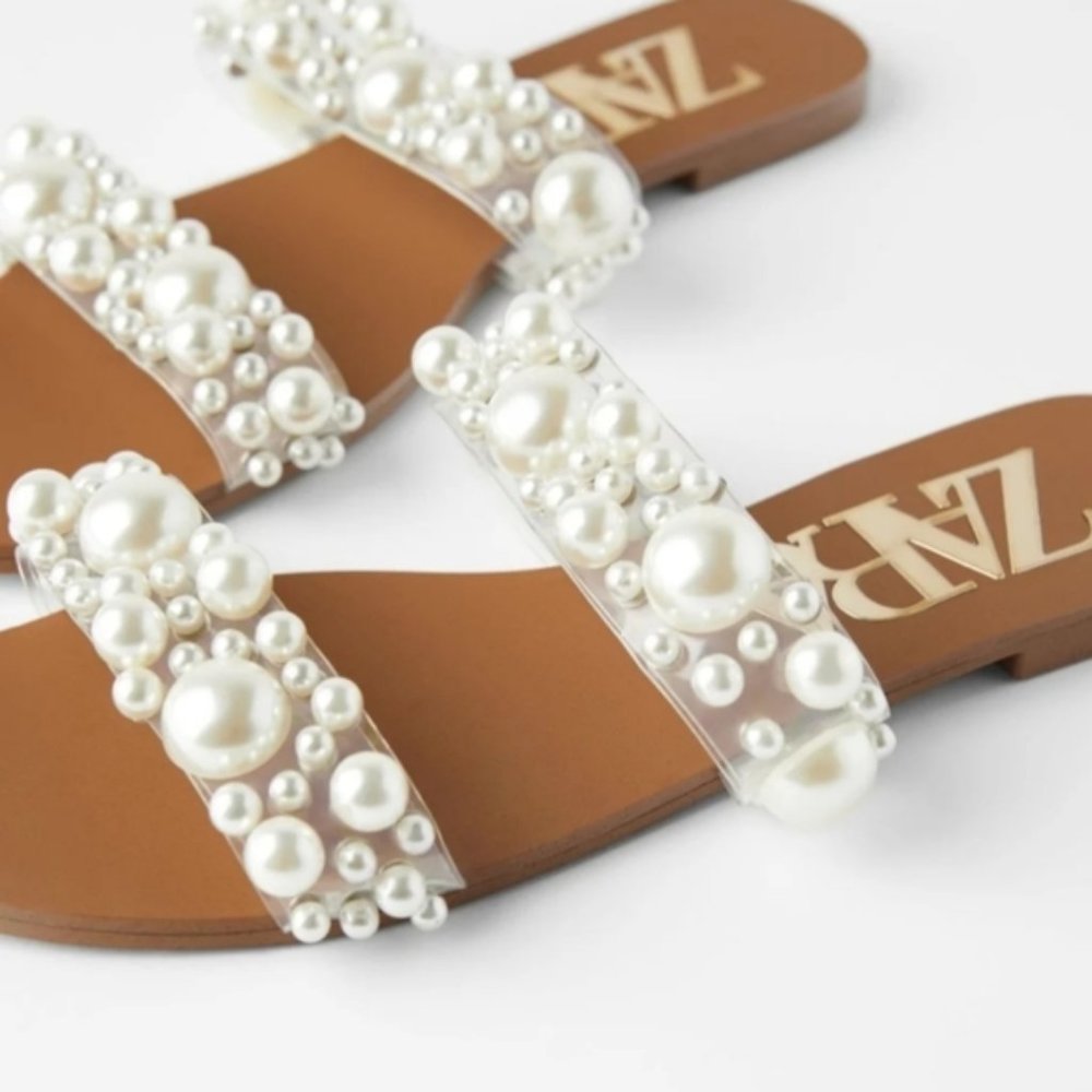 Zara Vinyl Pearl Sandals - Size 7